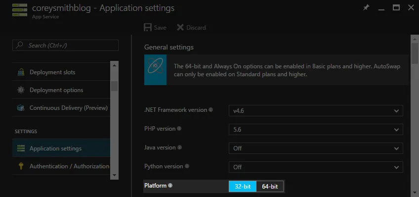 App Service Platform in Application Settings