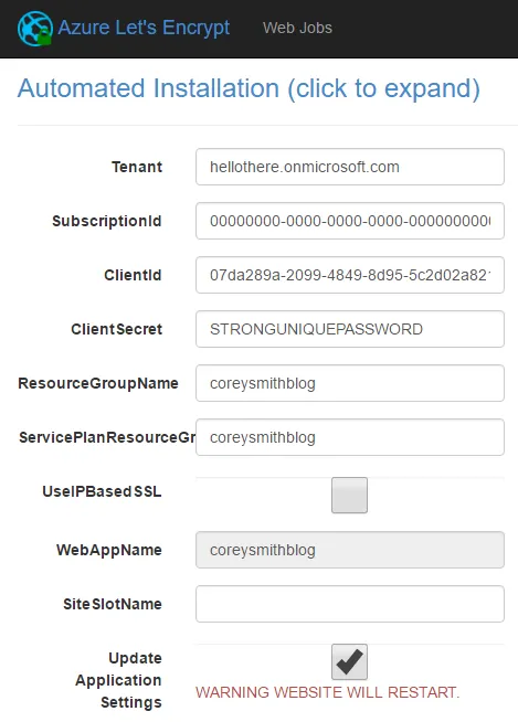 Let’s Encrypt Site Extension Installation Settings