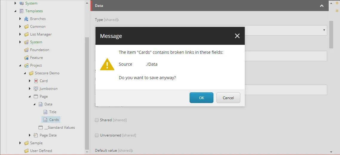 Warning about broken links in the Source field.