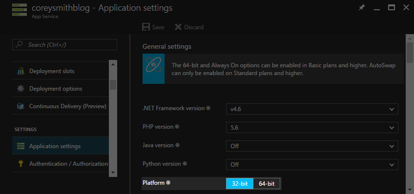 App Service Platform in Application Settings