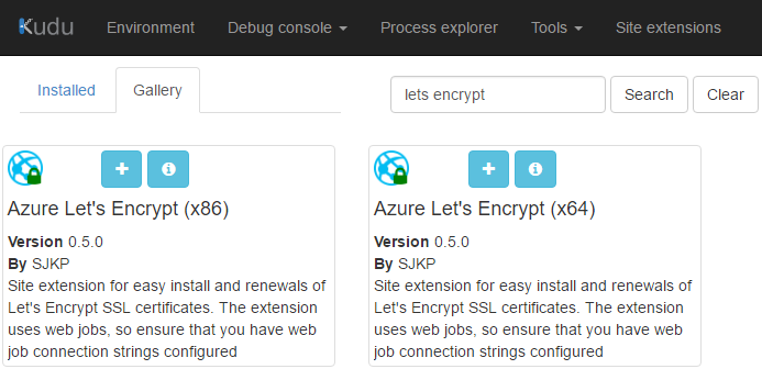 Let's Encrypt Extensions in Kudu Site Extensions Gallery