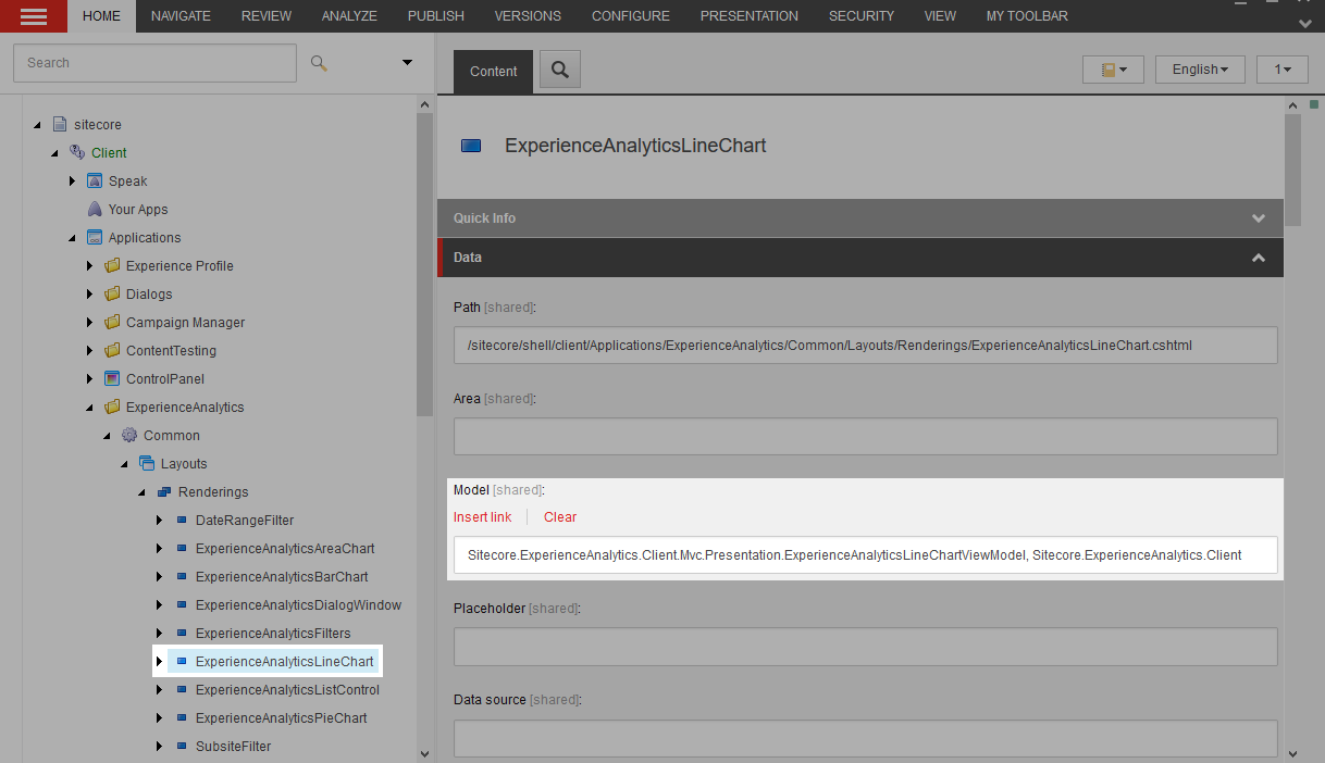 Set the Model field value to Sitecore.ExperienceAnalytics.Client.Mvc.Presentation.ExperienceAnalyticsLineChartViewModel, Sitecore.ExperienceAnalytics.Client and save the rendering.